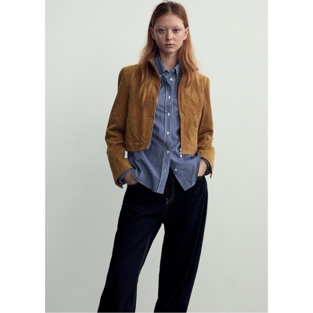 ZARA CROP 100% LEATHER CARDIGAN VIRAL JACKET COAT LARGE SUEDE BROWN 4341